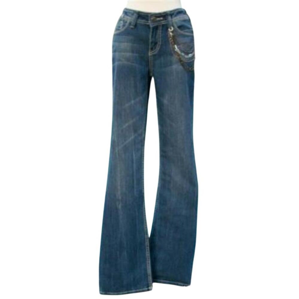 Cache Medium Wash Flair Denim Chain Embellished Jean Pant New Stretch $118 NWT